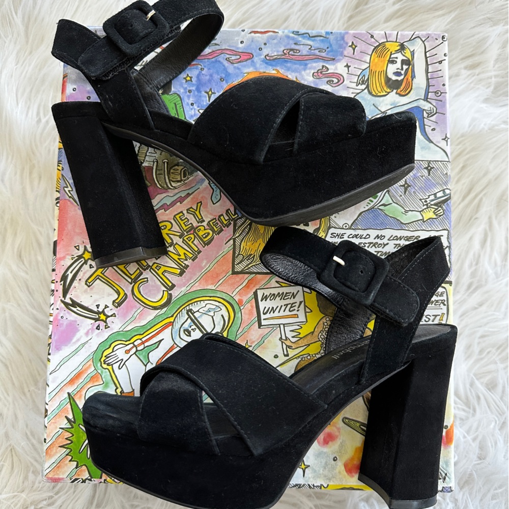 Jeffrey Campbell Amma Platform High Block Heel Sandals, Black Suede Size 6